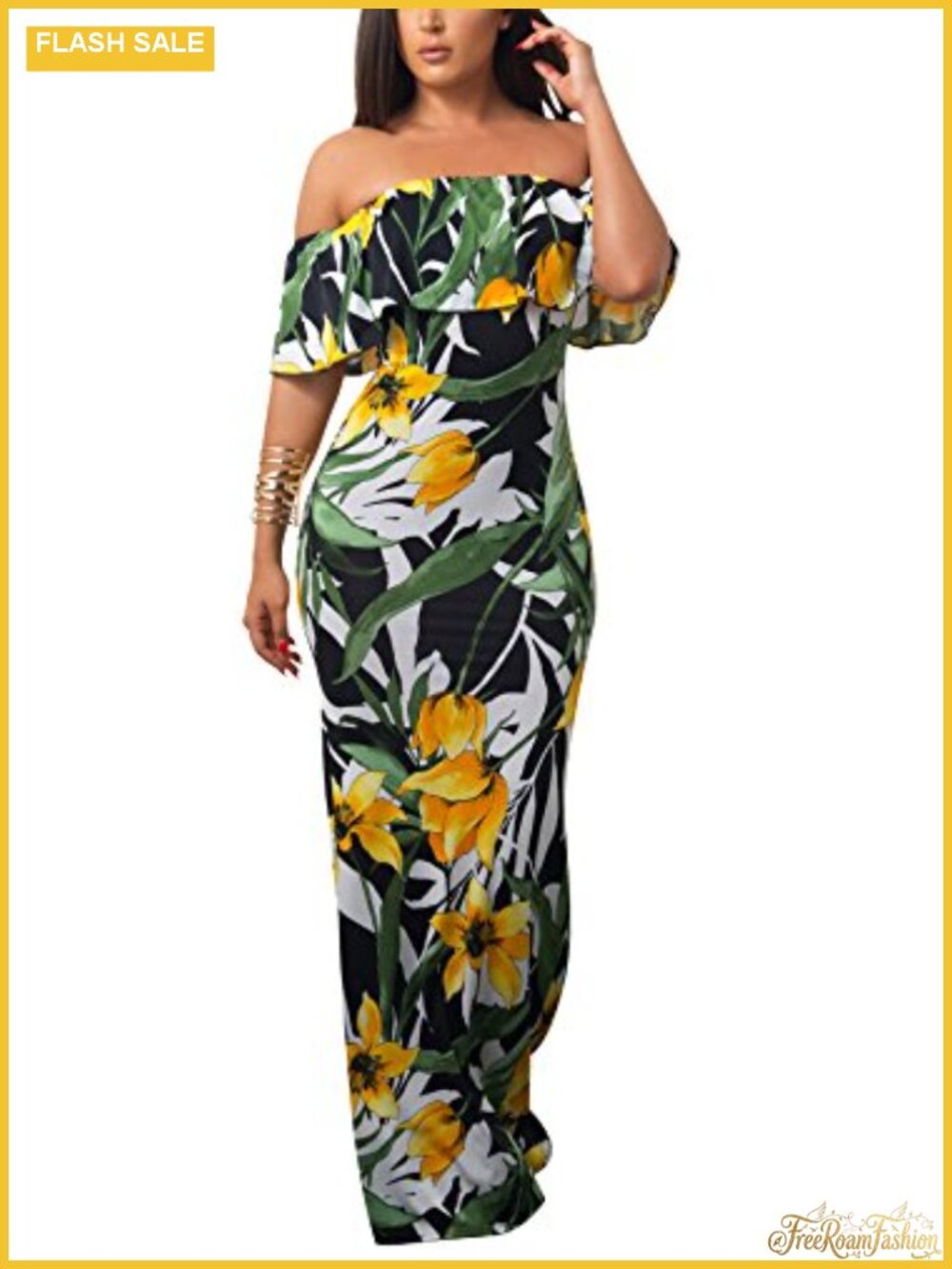 Women's Off Shoulder Bodycon Maxi Dress Floral Ruffle Party